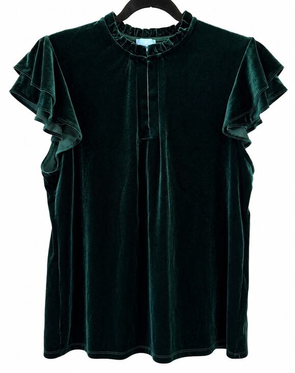 CeCe Tops - CeCe XL Emerald Green Velvet Flutter Sleeve Mock Neck Blouse Top